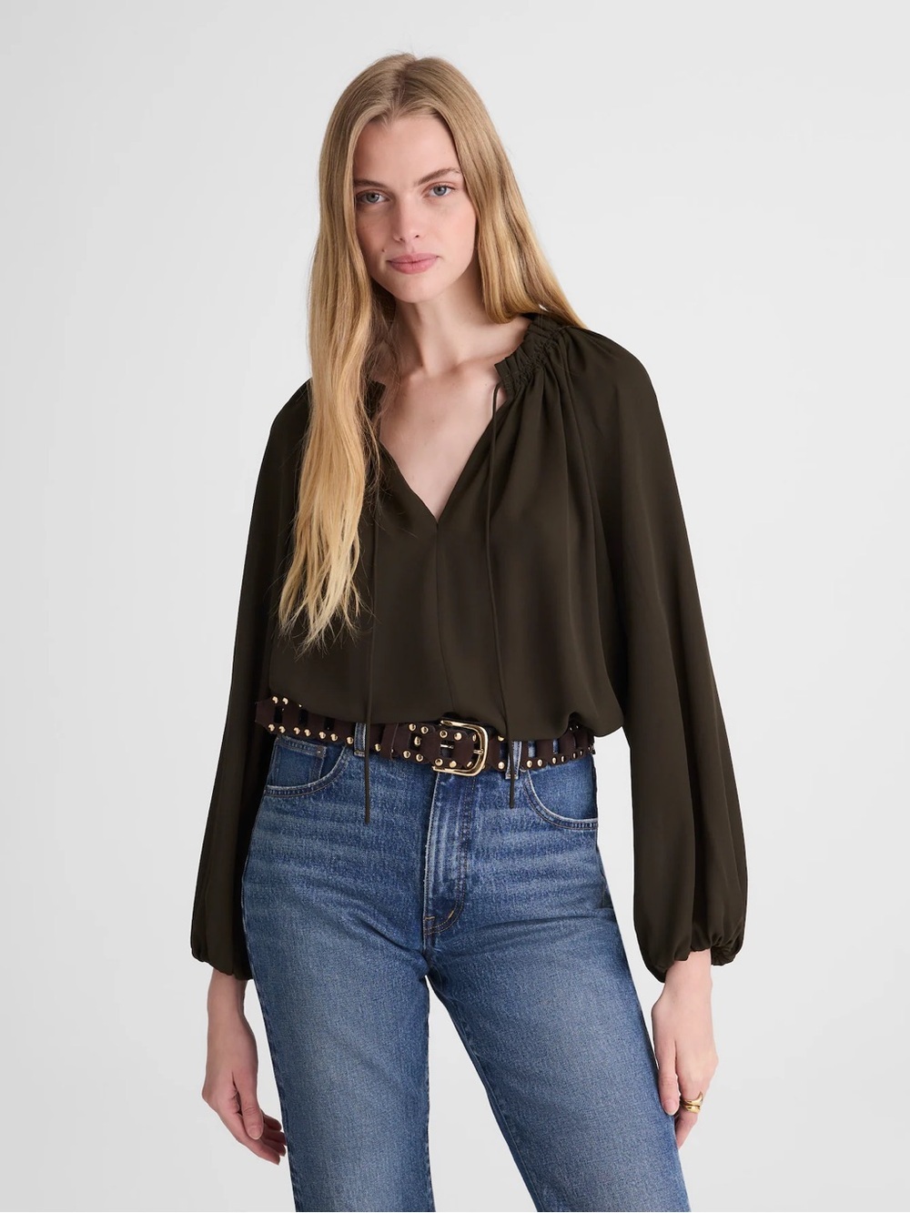Madewell Long-Sleeve Tie-Neck Top Size Small in Midnight Olive (Green)